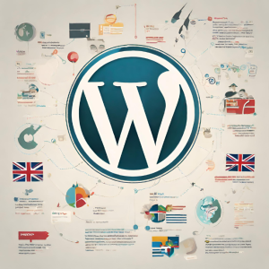 An illustration of a WordPress Logo surrounded by flags from various countries, representing the concept of internationalization.