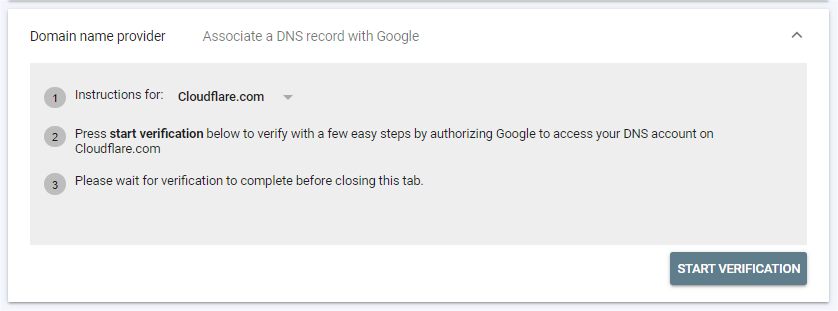 Google Account settings page with Domain name provider verification for Google Search Console.