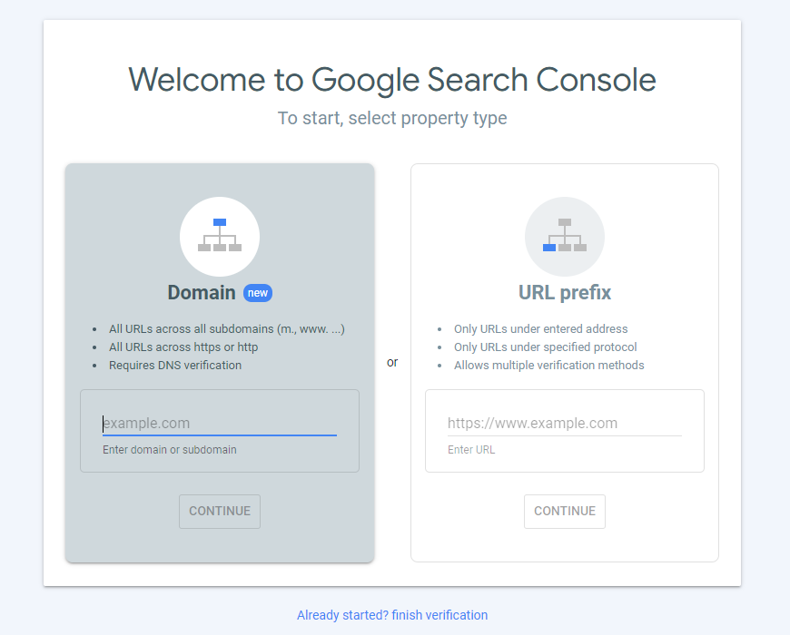 Image of Google Search Console page, requesting domain or URL prefix to begin.