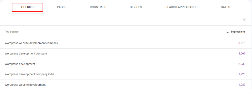  Image of Google Search Console with Top Queries and Impressions.